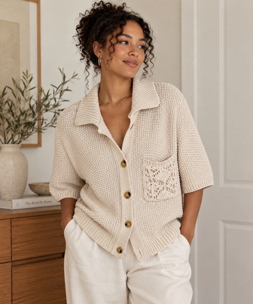 Zara Cream Chunky Knit Crochet Pocket Cardigan Coastal Grandpa ✨